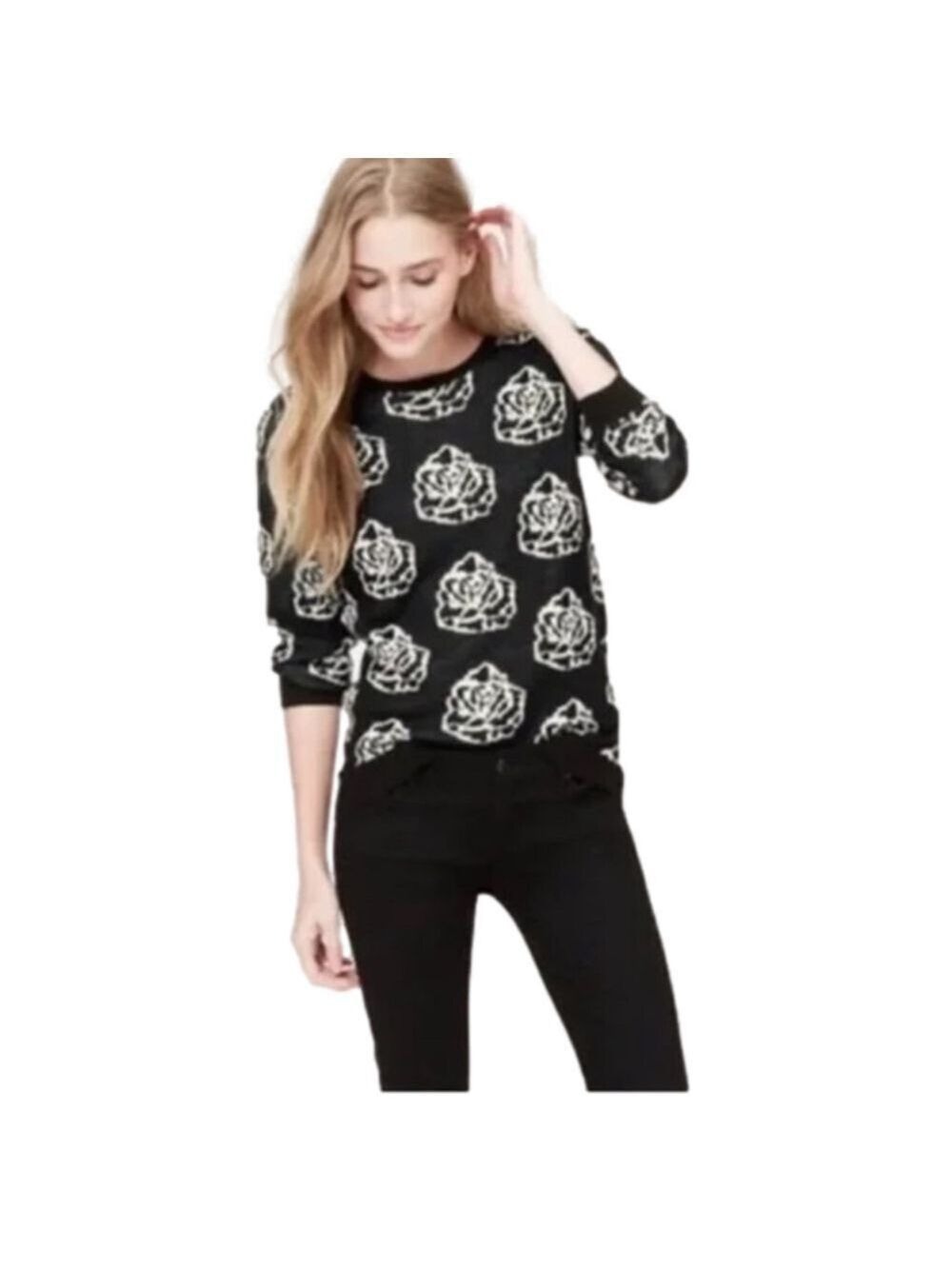 LOFT Wool Blend Rose Garden Sweaters Size S Black White